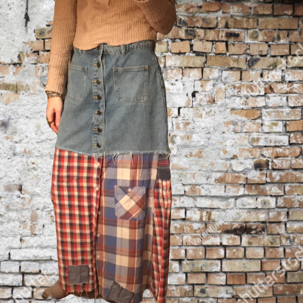 Upcycled Blue and Red Maxi Skirt